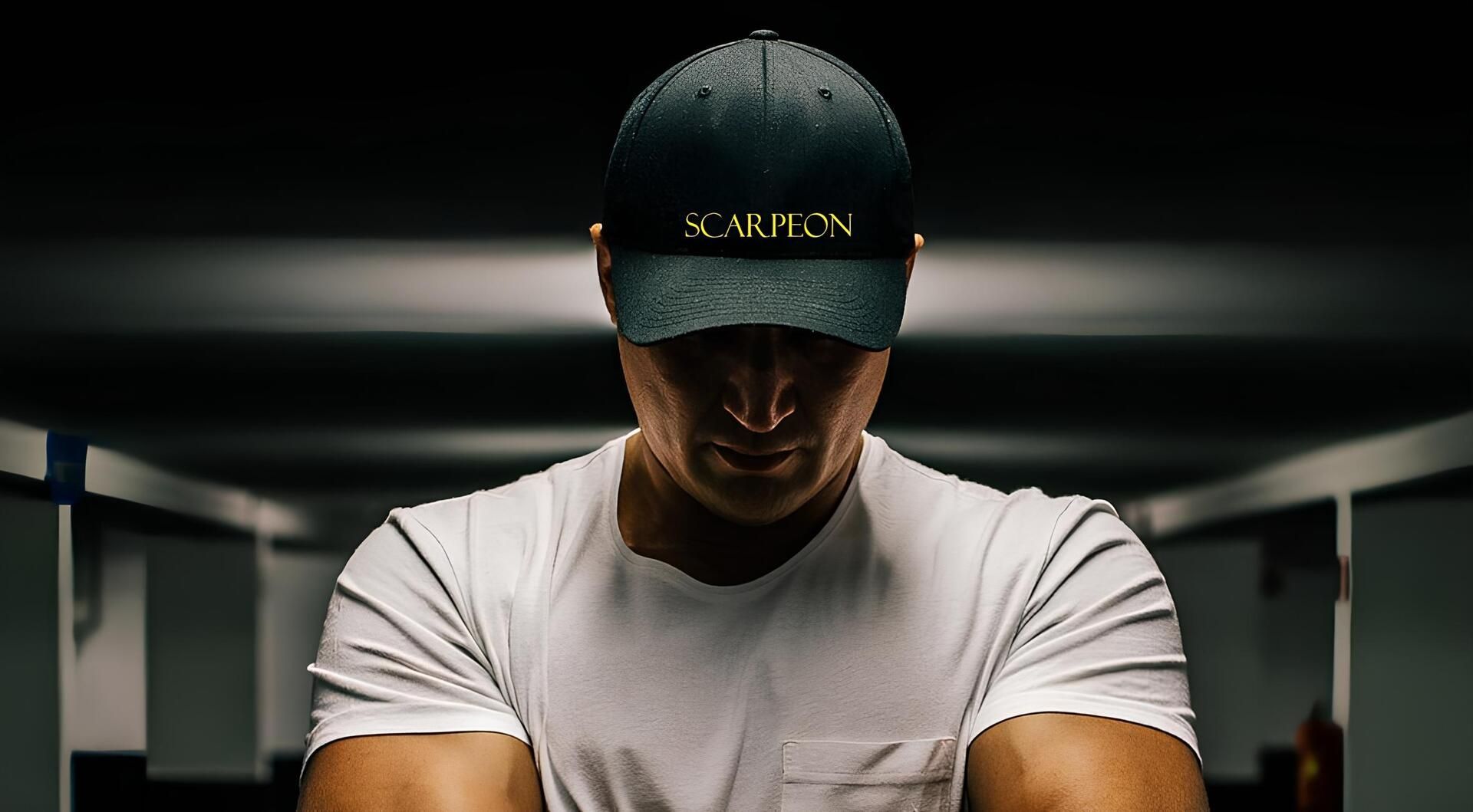 Ein Mann trägt eine Kappe mit dem Scarpeon-Logo.